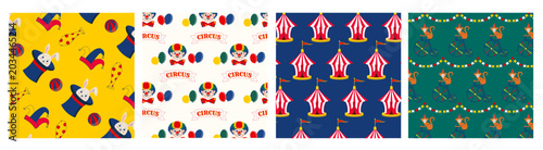 Photography Circus Patterns Vector Set – Vintage Carnival Background Collection with Clowns,