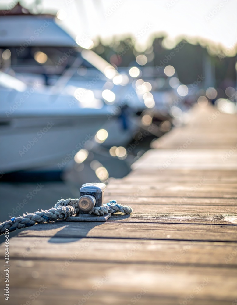 Obraz premium Wooden Pier with Boats and Bokeh Lights at Sunset Nautical Scene