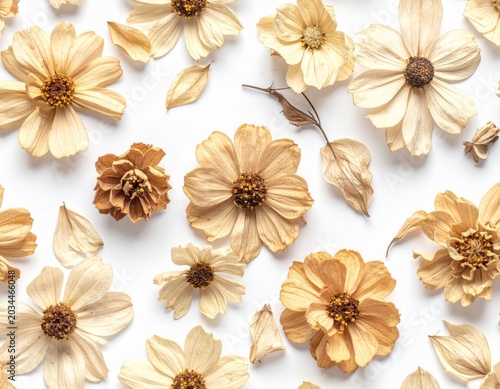 Dried Beige Flowers Scattered on White Background Top View Detailed Texture