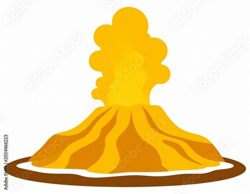 Stylized Volcano Erupting Yellow Lava and Smoke Against White Background