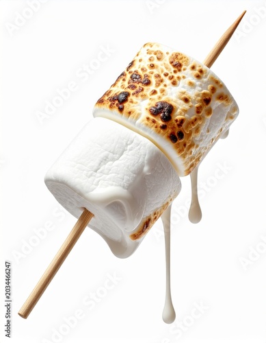 Toasted Marshmallow on Wooden Skewer Melting Drips on White Background
