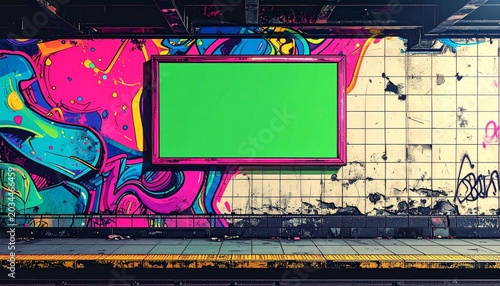 Blank green screen billboard mockup on a vibrant graffiti wall in an outdoor urban pedestrian zone