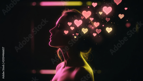 Silhouette di donna con pensieri d'amore rappresentati da cuori luminosi