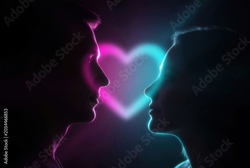 Coppia che si guarda con simbolo del cuore al neon