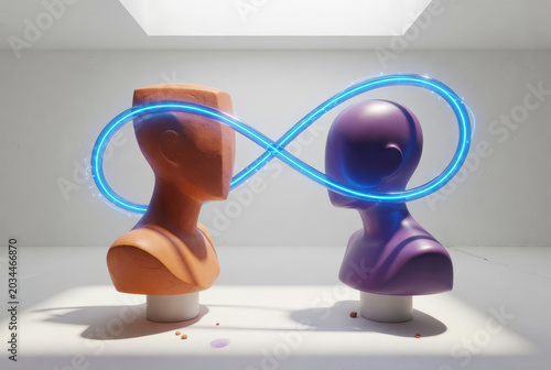 Rappresentazione 3D della neurodiversità con busti umani e simbolo dell'infinito al neon