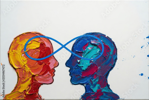 Ritratto concettuale di due teste con simbolo dell'infinito, arte materica impasto