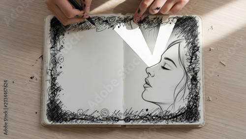 Disegno artistico a penna di un volto di donna su taccuino aperto