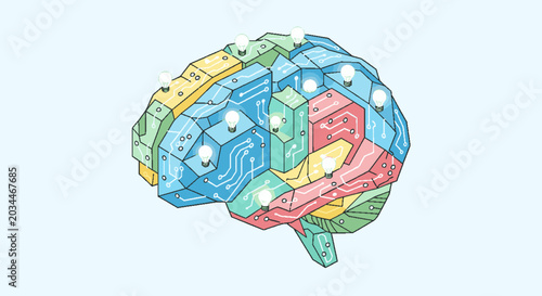 Abstract colorful brain illustration with glowing light bulbs, representing ideas and innovation in technology and science