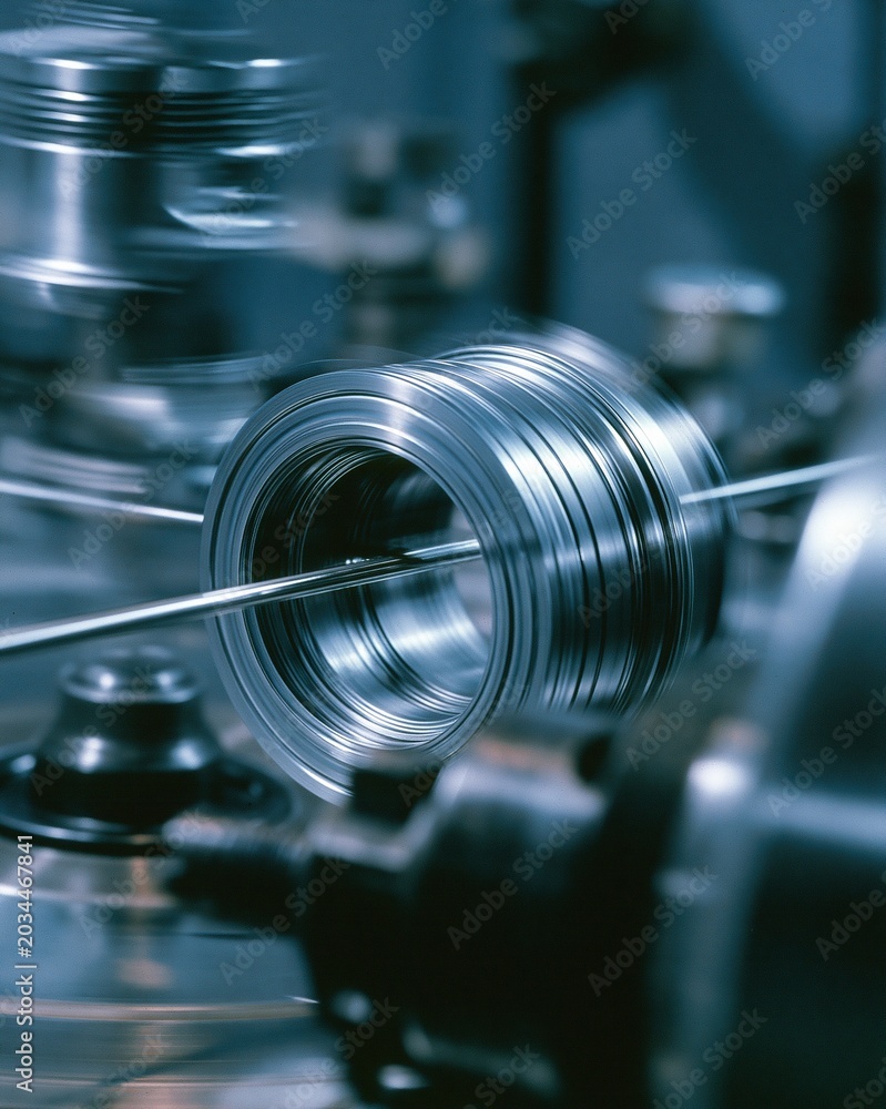 Fototapeta premium Closeup of alloy steel wire being drawn into piston rings showcasing the precision shaping process in an industrial manufacturing setting.
