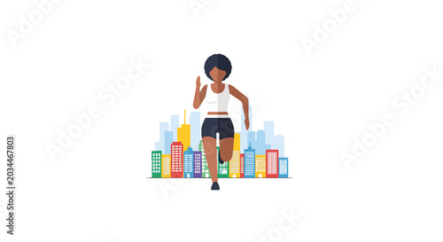 Dynamic vector illustration of a fit African American woman running with determination against a vibrant, abstract city skyline, symbolizing urban fitness and healthy lifestyle.