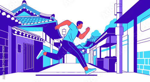 Dynamic illustration of a man running through a vibrant streetscape blending traditional Korean architecture with modern urban elements, symbolizing progress and active lifestyle.