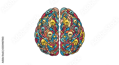 Vibrant illustration of a brain made of lightbulbs and gears, symbolizing creativity, innovation, ideas, intelligence, and complex thought processes. Mind concept.