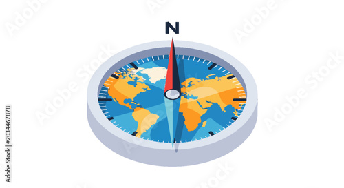 Isometric illustration of a compass with a world map on its face, indicating global direction, travel, exploration, and strategic business guidance.
