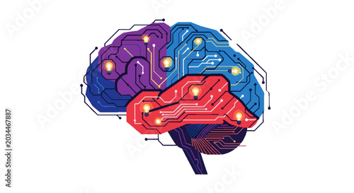 Futuristic AI Brain with Glowing Circuits and Lightbulbs, Symbolizing Innovation, Digital Intelligence, Technology, and Creative Thinking