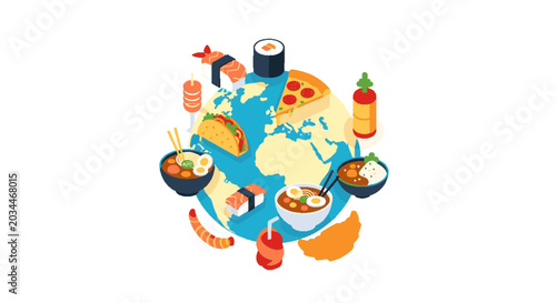 Global Culinary Journey: Diverse International Dishes from Around the World Surrounding a Planet Earth, Symbolizing Food Culture, Variety, and Gastronomy
