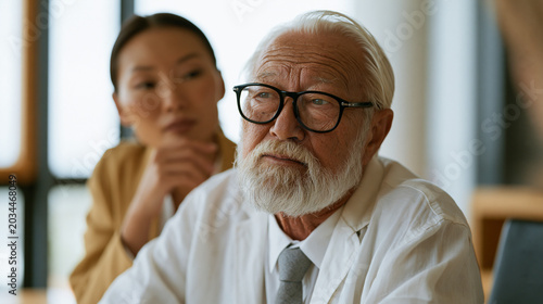Succession planning crisis moment where an ailing founder in his late seventies is unable to recall a key client's name mid-meeting, adult daughter gently redirecting the conversation, boardroom set