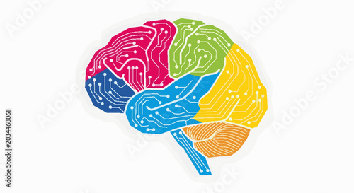 Digital Brain Circuitry: Abstract Illustration of Human Mind and Technology Integration for AI, Innovation, and Cognitive Computing