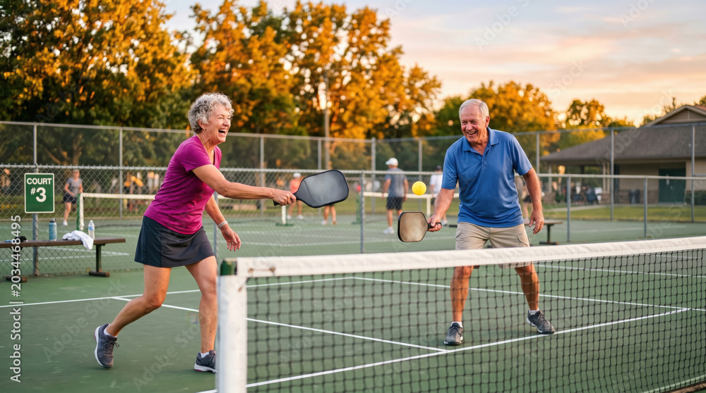 Fototapeta premium Senior couple playing pickleball on an outdoor court. Active older man and woman hitting the ball over the net during golden hour. Healthy retirement lifestyle concept