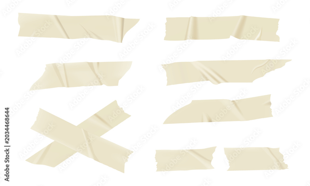 Fototapeta premium Ripped adhesive tape pieces with wrinkled surface, isolated tan masking tape collection for design