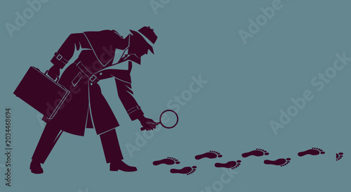 Vintage detective silhouette with magnifying glass following footprints, retro private investigator searching for clues, mystery noir spy vector illustration