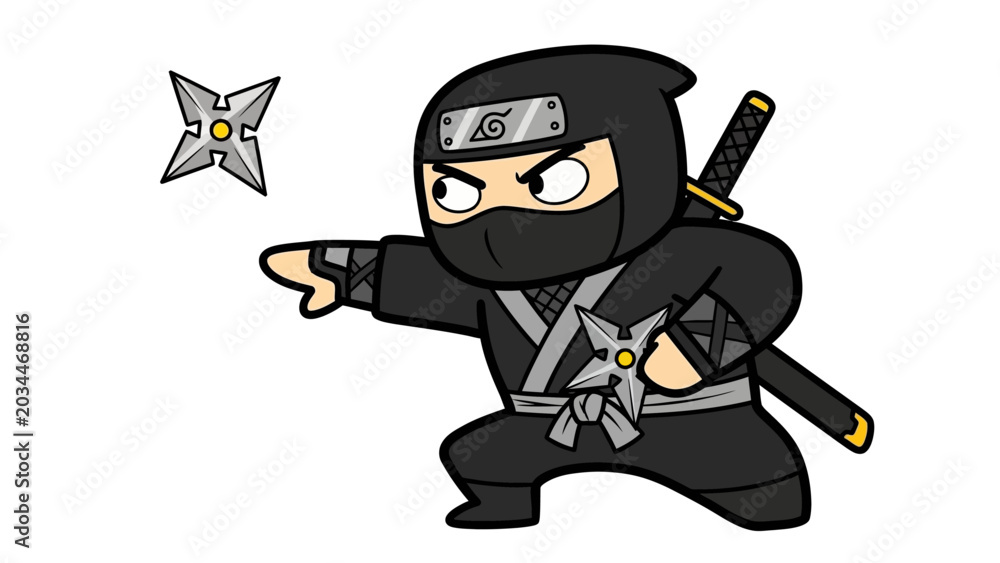 Obraz premium Chibi ninja character vector illustration, cute cartoon shinobi throwing shuriken star, black martial arts warrior with katana sword on white background