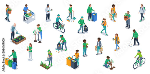 Eco friendly citizens gardening recycling and cycling | Sustainable green city community lifestyle characters | Isometric vector illustration