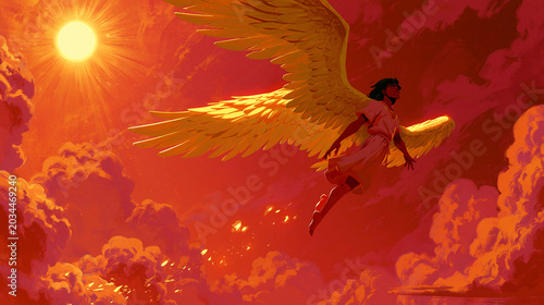 A stunning digital illustration of Icarus with massive golden wings flying towards a bright, radiant sun against a backdrop of dramatic fiery red and orange clouds in a mythical sky scene.