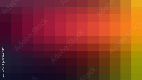 Abstract pixelated gradient background colorful geometric mosaic pattern of squares transitioning from dark purple to vibrant orange and yellow retro 8bit style backdrop