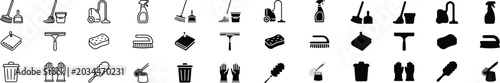 Cleaning service icon mega set with vacuum mop spray bottle brush and trash bin in linear and glyph style vector