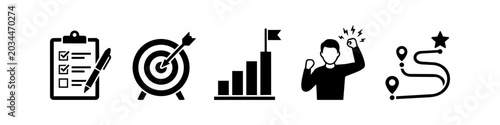 Foto Set of business achievement icons featuring a checklist, target bullseye, growth bar chart, motivated person celebrating, and a roadmap to success