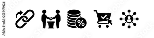 Tableau sur toile Set of affiliate marketing icons featuring link sharing, partnership handshake, commission coins, shopping cart checkout, and network reach