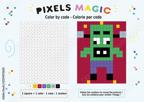 Quadro su tela Coloriage au numéro, pixel art : Frankenstein vert kawaii