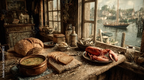 A rustic maritime kitchen with a bountiful spread of fresh bread, a steaming bowl of soup, and a cooked lobster, all overlooking a picturesque harbor with sailboats