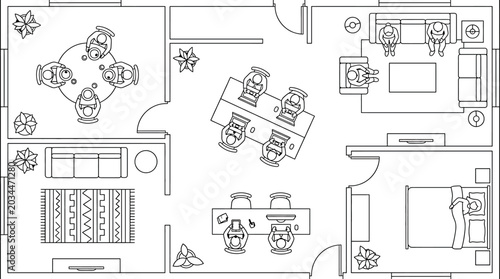 Obraz na płótnie Top view floor plan of a modern office space with furniture and people