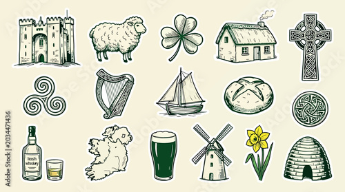 Bild auf Leinwand Set of handdrawn irish symbols and icons, including castle, sheep, shamrock, har