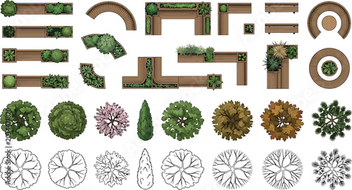 Foto Top view set of urban furniture, wooden benches with planters and various trees