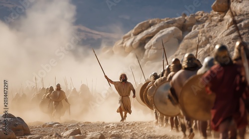 Joshua leading Israel in battle while Moses stands with raised hands on the hill, supported by Aaron and Hur, a powerful display of faith, leadership, and God’s victory over Amalek (Exodus 17:8–13).