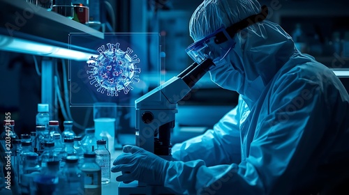 Scientist in protective gear examining a virus sample under a microscope in a high-tech lab.
