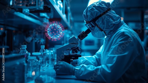 Researcher in protective suit examining virus structure through microscope in dark lab