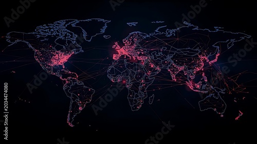 Abstract world map visualization showing interconnected global communication and digital networks.