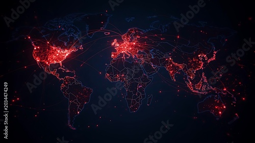 Global network map with bright red nodes showing international data exchange and digital connectivity.
