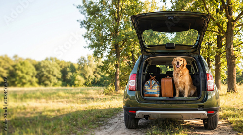 Cute fluffy dog sitting happily in an open car trunk next to travel luggage. Sunny outdoor nature background with empty space for text. Concept of traveling with pets.