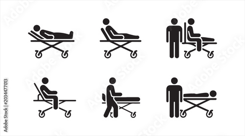 Medical Healthcare Transport Pictogram Set with Patient Bed Illustrations