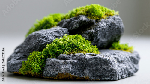 Detailed miniature diorama featuring textured grey rocks and vibrant green moss, isolated white backdrop, history studies, tabletop gaming, fantasy hobby displays, model terrain,