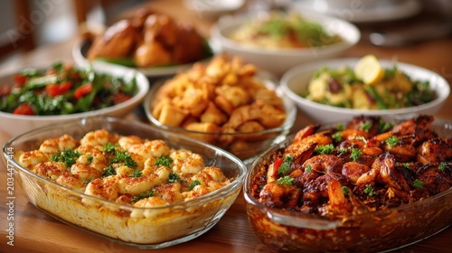 Delicious Feast of Shrimp Dishes and Sides on Wooden Table