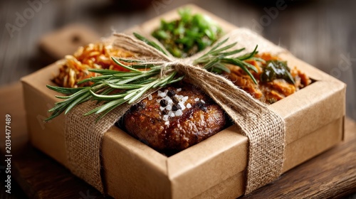 Gourmet Food Gift Box with Meat, Vegetables, and Rosemary on Wood