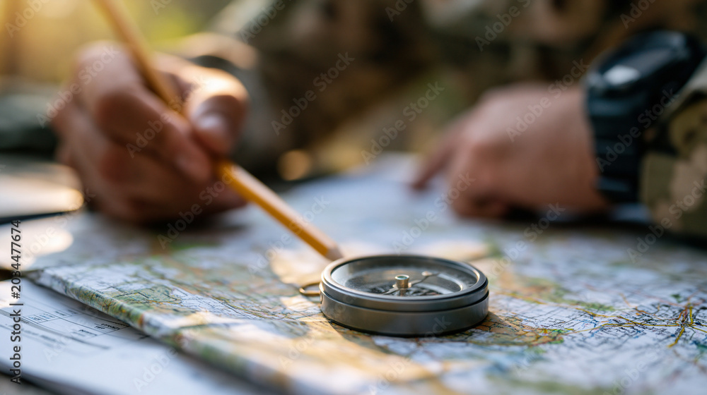 Obraz premium Faceless military personnel using compass and map for strategic planning, compass placed on detailed map with hand holding pencil, tactical operations precision, military