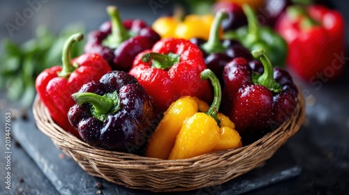 Fresh colorful bell peppers in a rustic basket, vibrant vegetables