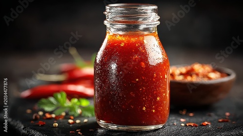 Homemade Chili Oil in Glass Jar with Red Peppers and Spices