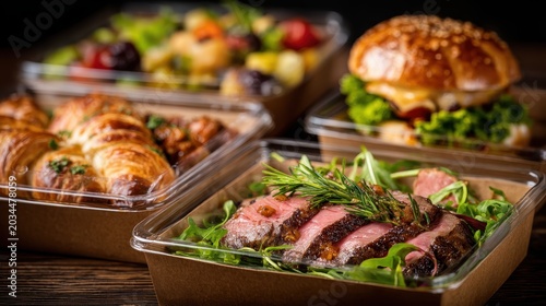 Variety of Takeout Food in Eco-Friendly Containers on Wooden Background